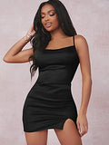 Women's Split Hem Cowl Neck Spaghetti Strap Satin Cami Bodycon Dress