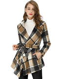 Allegra K Women's Turn Down Collar Asymmetric Hem Thin Plaids Wrap Coat