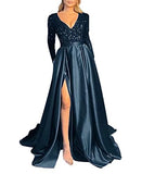 junytDing Women Sparkly Sequins Long Sleeves Prom Dresses with Side Split Deep V Neck Formal Evening Gowns LD0148