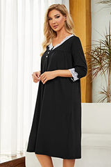 Women 3/4 Sleeves Lace Nightgown V Neck Sleepwear Button Down Loungewear Sleep Dress