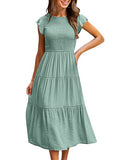 Light Green Summer Smocked Dress Flutter Short Sleeve Crewneck Elastic Waist Tiered Midi Dresses - WISFRUIT | Women's Casual Dresses