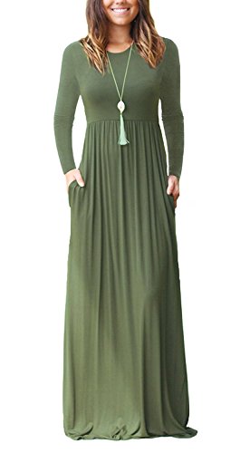 Army Green Casual Short/Long Sleeve Maxi Dress with Pockets - HAOMEILI