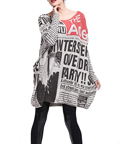 Women's Long Sleeve Sweater Dress Cute Newspaper Painting Off Shoulder Pullover Oversized Tshirt Dress GY269