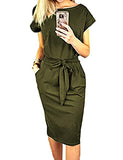 PRETTYGARDEN Women's Basic Crewneck Belted Office Dress Solid Color Short Sleeve Party Slim Dress