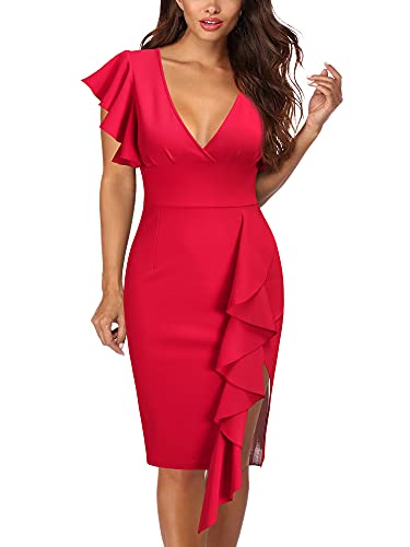 Red Women's Deep-V Neck Ruffle Sleeves Cocktail Party Pencil Slit Formal Dress - Knitee