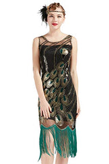 BABEYOND 1920s Vintage Peacock Sequin Fringed Party Sleeveless Flapper Dress with Scoop Neck | Women's Cocktail Dresses