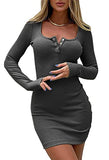 Women's Long Sleeve Bodycon Casual Dresses Button Down Crew Neck Slim Solid Rib Knit Party Club Mini Short Dress | Women's Maxi Dresses