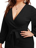 Women's Plus Size Bishop Sleeve Plunging V Neck Belted Bodycon Dress | Women's Work Dresses