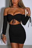 Women's Sexy Tube Long Sleeve Cutout Drawstring Ruched Bodycon Mini Club Dress