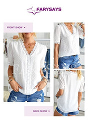 Womens Summer Lace Tops Short Sleeve V Neck Polka Dot Blouses Shirts