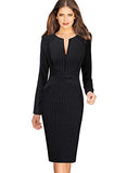 Black And White Striped Long Sleeve Womens Front Zipper Slim Work Office Business Cocktail Party Pencil Dress Vfshow | Women's Work Dresses