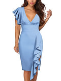Light Blue Women's Deep-V Neck Ruffle Sleeves Cocktail Party Pencil Slit Formal Dress - Knitee | Women's Cocktail Dresses