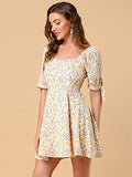 Women's Floral Printed Sweetheart Neck Puff Sleeve Fit and Flare A-Line Mini Dress