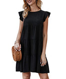 Womens Summer Dress Sleeveless Ruffle Sleeve Round Neck Mini Dress Solid Color Loose Fit Short Flowy Pleated Dress