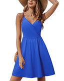 Royal Blue V Neck Floral Spaghetti Strap Summer Dress Casual Swing Midi Sundress with Pocket - STYLEWORD | Women's Casual Dresses