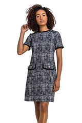 Women Textured Shift Dress with Pockets - Ladies Smart Casual Everyday Work Office Meeting Interview Knee Length Round Neck Zip Pocket Marl Dresses | Women's Casual Dresses