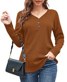 WNEEDU Women's Waffle Knit Tunic Tops Loose Long Sleeve Button Up V Neck Henley Shirts (Y Caramel,M) | Women's Sweaters