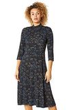 Women Star Print High Neck Midi Dress - Ladies Smart Casual Work to Weekend Office Evening Roll Neckline 3/4 Sleeve Jersey Long Length StretchyDresses | Women's Casual Dresses