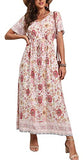 Hibiscus White Summer Maxi Boho Beach Dress Floral Print Dress V Neck Short Sleeve Drawstring High Waist Flowy Long Midi Dresses - GRECERELLE | Women's Casual Dresses
