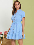 Women's Cotton Button Down Shirt Dress Ruffle Collar Neck Belted Hem Short Sleeve Casual Above Knee Shirtdress