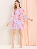 Women's Floral Print V Neck Ruffle Front A-line Belted Flowy Dress | Original Brand