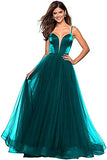 Sexy V Neck Sleeveless Spaghetti Velvet and Tulle Stitching A-Line Prom Dress for Women Long Fomal Gowns 2021
