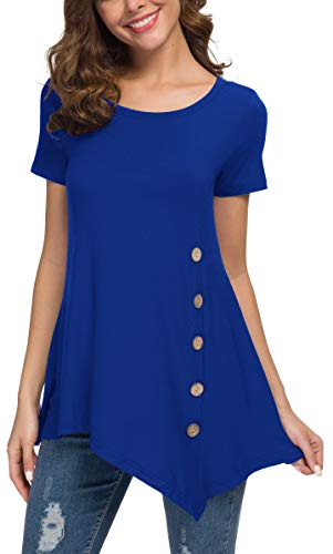 Women's Short Sleeve Scoop Neck Button Side T Shirts Loose Fitting Tunic Solid Color Tops Blouse