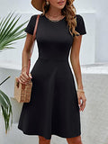 Pink Spring/Summer Casual Women Short Sleeve Round Neck A Line Fit and Flare Midi Skater Dress - HUHOT | Women's Casual Dresses
