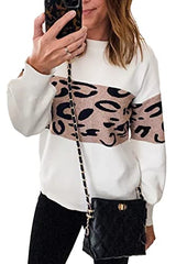 Women's Casual Long Sleeve Off Shoulder Knitted Sweater Leopard Print Color Block Loose Pullover Tops