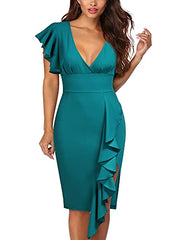 Acid Blue Women's Deep-V Neck Ruffle Sleeves Cocktail Party Pencil Slit Formal Dress - Knitee