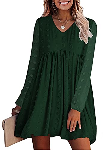 KIRUNDO Women‘s Dresses Long Sleeves Short Mini Dress V Neck Flowy Casual Swiss Dot Loose Fit Babydoll Dress