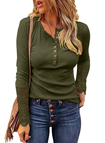 BTFBM Women Long Sleeve V Neck Button Up Solid Tops Blouses Trendy Slim Fit Lace Sleeves Ribbed Knit Casual Shirts Tunic(Lace Amry Green, Medium) | Women's Casual Dresses