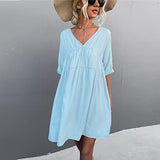 Women V-Neck Short Sleeve Dresses Solid Color Casual Loose Fit Tunic Mini Dress with Pockets | Original Brand