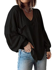 BTFBM Women Casual V Neck Ribbed Knitted Shirts Tunic Tops Loose Balloon Sleeve Solid Pullover Blouses Top with Pocket(Solid Black, Large) | Women's Sweaters