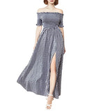 Blue Grid Women's Boho Floral Print Off Shoulder Split Long A Line Dress - Floerns | Women's Formal Dresses