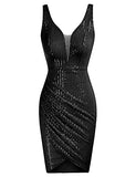 Women Deep V Neck Party Mini Dress U Back Sequin Irregular Hem Evening Dress