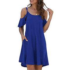 Women Cold Shoulder Mini Dress Casual Summer Spaghetti Strap Sundress Ruffle Sleeves Loose Beach Dress | Original Brand