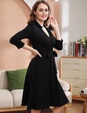 Women's 4-Mar Sleeve Lapel Collar V Neck Faux Wrap Fit Flare Casual Dress | Women's Work Dresses