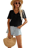 Black Women's Waffle Knit Short Sleeve Tunic Tops Summer V Neck Henley Loose T Shirts XS | Women's Casual Dresses