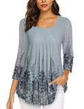 Multi Gray Women's Casual 3/4 Sleeve Tunic Tops Floral Double Layers Blouses Loose Fit Pleated Mesh Shirts - Timeson | Women's Tops and Blouses