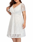 Women Plus Size Lace Wedding Guest Cocktail Graduation Formal Wrap V Neck Short Sleeve Midi Dresses | Women's Casual Dresses
