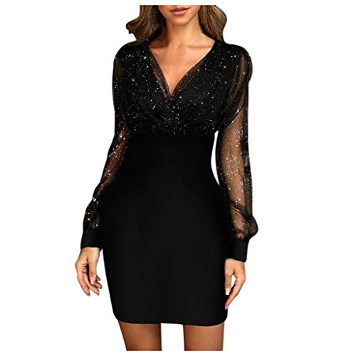 Sexy Sequins Dresses For Women,  V Neck Long Sleeve Layered Retro Dress Lightweight Comfy Night Party Gowns