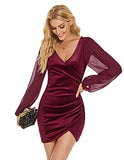 Womens V Neck Long Sleeve Dress Velvet Bodycon Ruched Side Asymmetrical Cocktail Party Dresses