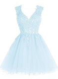 Homecoming Dress Short Cocktail Dress Lace Homecoming Dress Tulle V Neck Prom Dresses Appliques