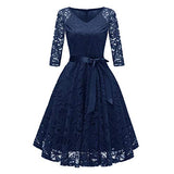 Women Dress Vintage Princess Floral Solid Lace Cocktail V-Neck Party A-Line Dress