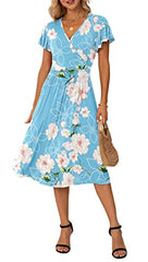 Light Blue Summer Wrap Dress Ladies Casual Ruffle Short Sleeve V-Neck Floral Beach - GRECERELLE