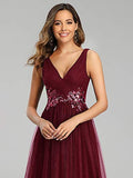 Women's Elegant Double V Neck Appliqued Sequin Tulle Maxi Formal Dress  - Sara Clothes