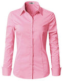 Pink Womens Slim-Fit Long Sleeve Stretchy Button Down Collar Office Formal Casual Shirt Blouse - EZEN | Women's Tops and Blouses