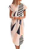 Women's Dresses Summer Floral Geometric Pattern Short Sleeve Midi V-Neck Casual Dress with Belt S-2XL