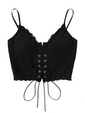 Women's Eyelet Lace Up Sleeveless Spaghetti Strap Zip Back Crop Camisole Cami Top Vest | Women's Tops and Blouses